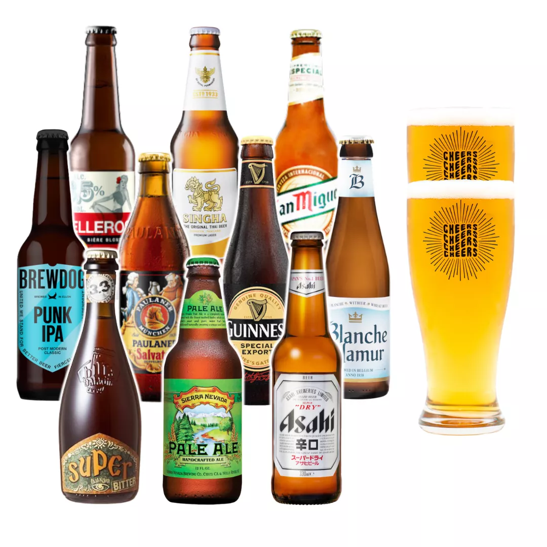 Coffret bières du monde ▸ 10 bouteilles + 2 verres 🌎